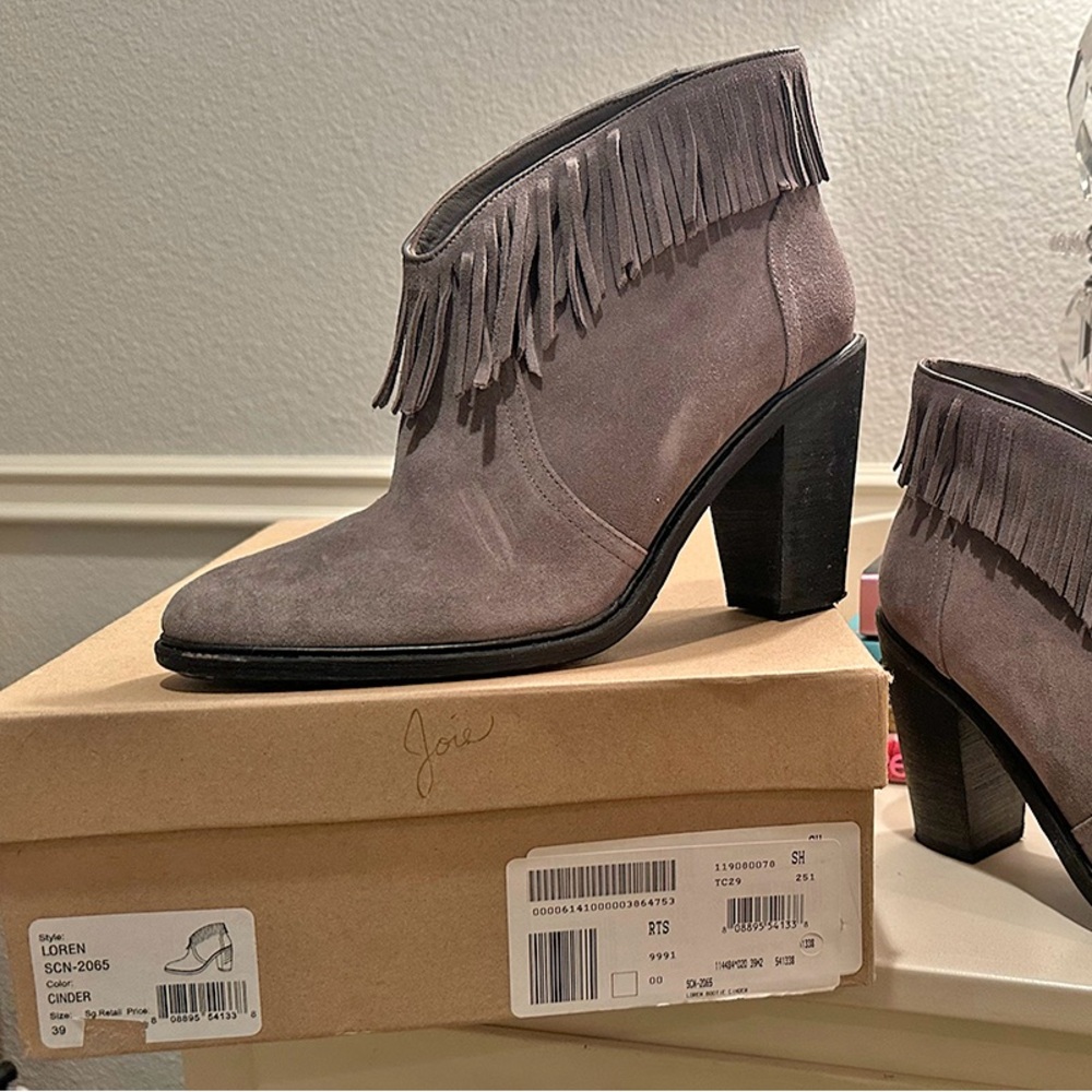 Joie Loren Gray Suede Fringe Ankle High Heel Booties; Size 39